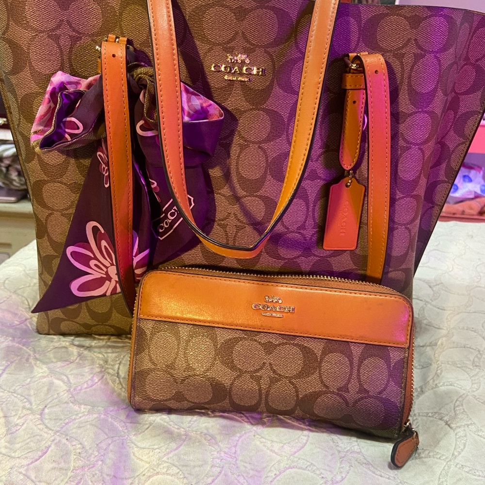 Coach Brown and Orange Signature Tote with Wallet